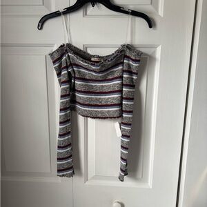 Papaya Striped Off-Shoulder Crop Top in Gray, Burgundy & Navy